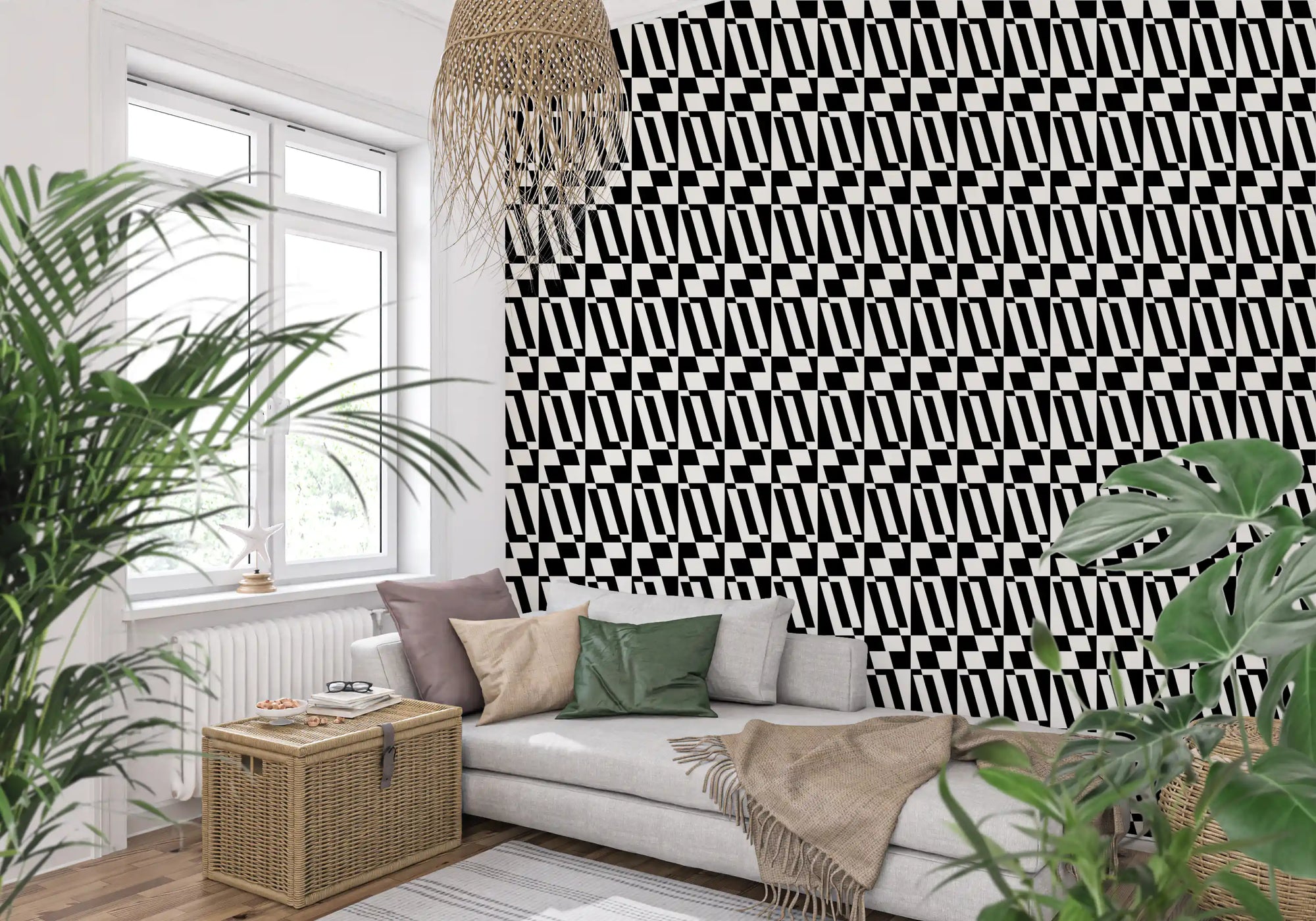 Mosaic black and white wallpaper giving a hallway a bold look GD12252
