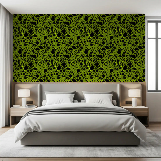 Neon grid lines wallpaper behind a grey platform bed with wood bedside tables GD12256