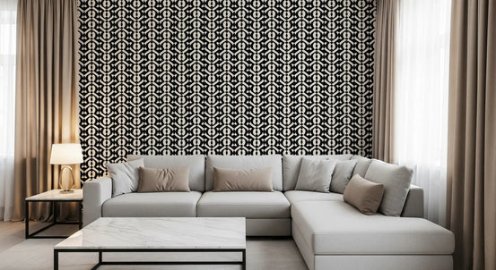 Monochrome curves wallpaper behind a grey sectional sofa and marble coffee table GD12257