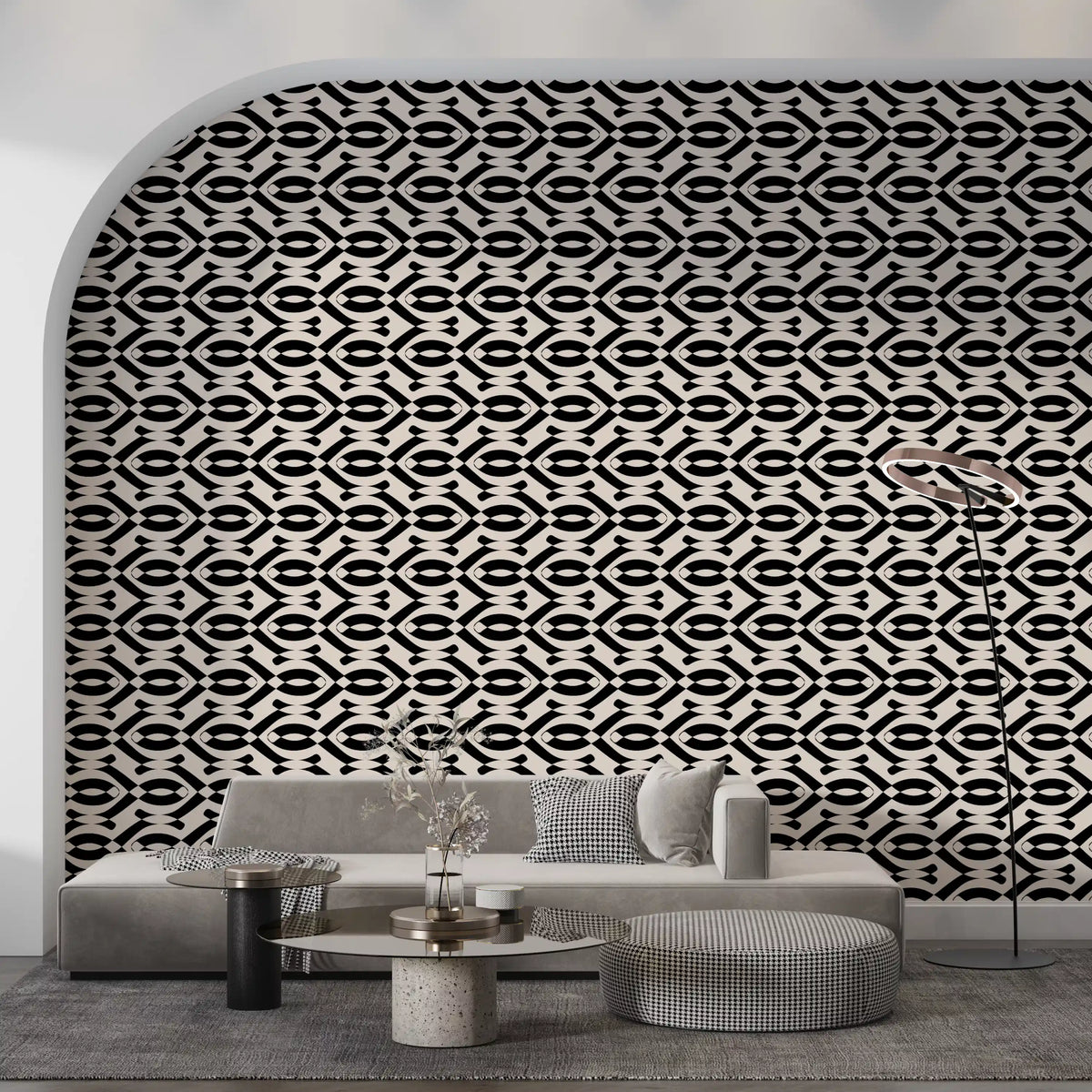 Minimalist linear wallpaper behind a curved beige sofa in an arched living niche GD12258