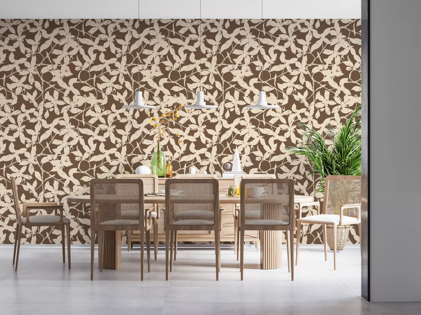 Papel tapiz rústico con siluetas botánicas