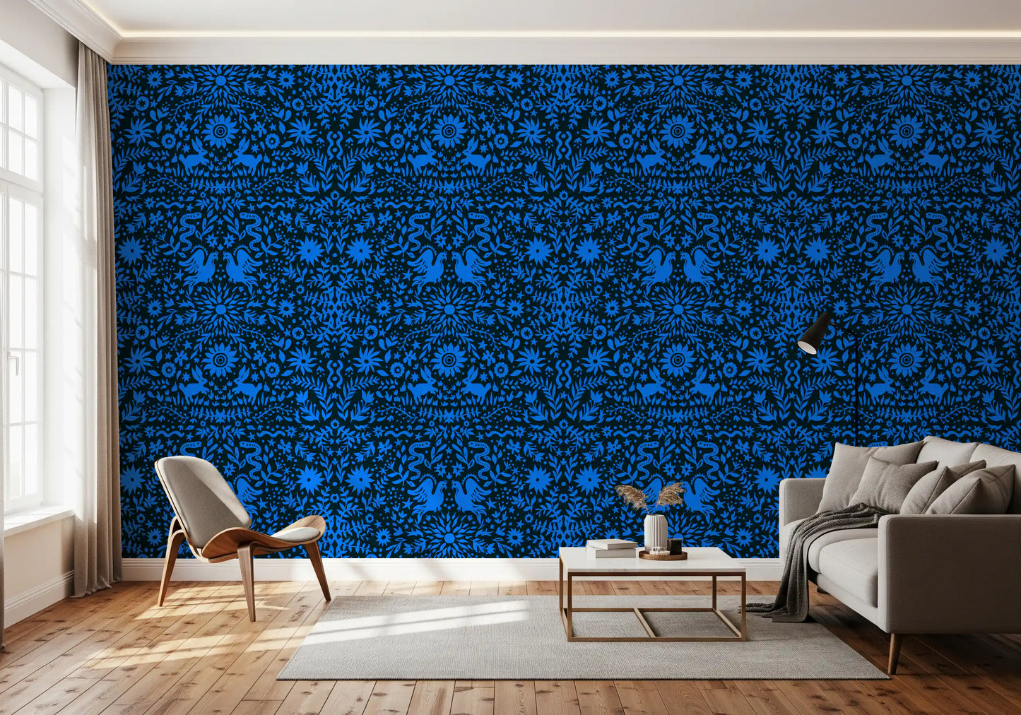 Papel tapiz con patrón de arte folclórico «Cobalt Folklore»