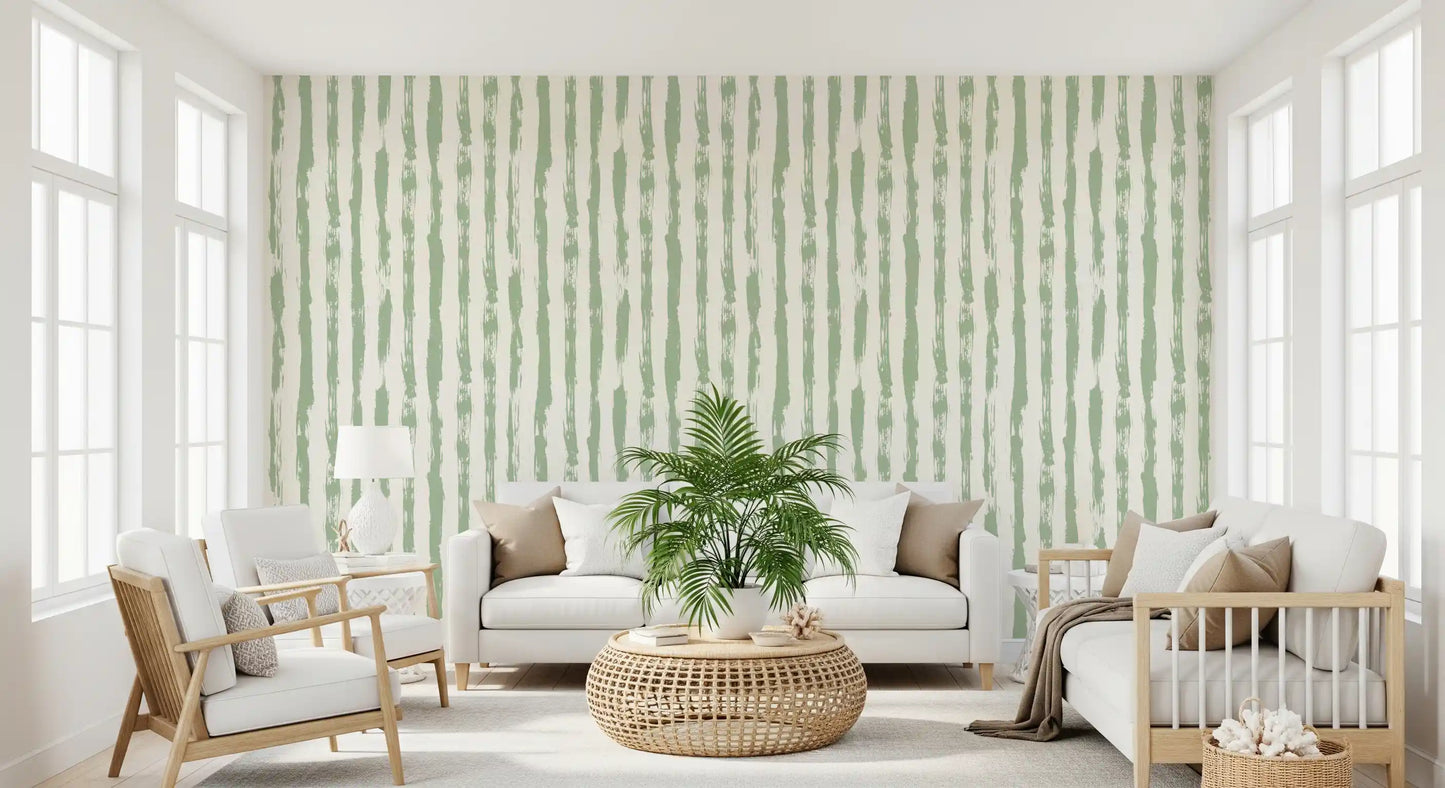 Papel de parede com riscas verticais em pinceladas verde-sálvia