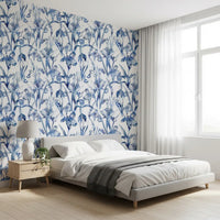 Indigoblaue botanische Skizzen-Tapete