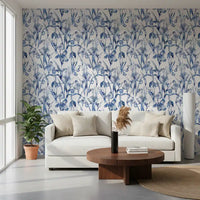 Indigoblaue botanische Skizzen-Tapete