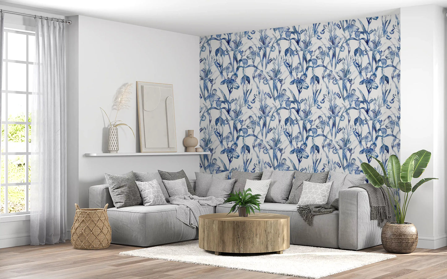 Indigoblaue botanische Skizzen-Tapete