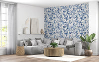 Indigoblaue botanische Skizzen-Tapete