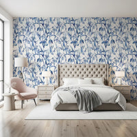 Indigoblaue botanische Skizzen-Tapete