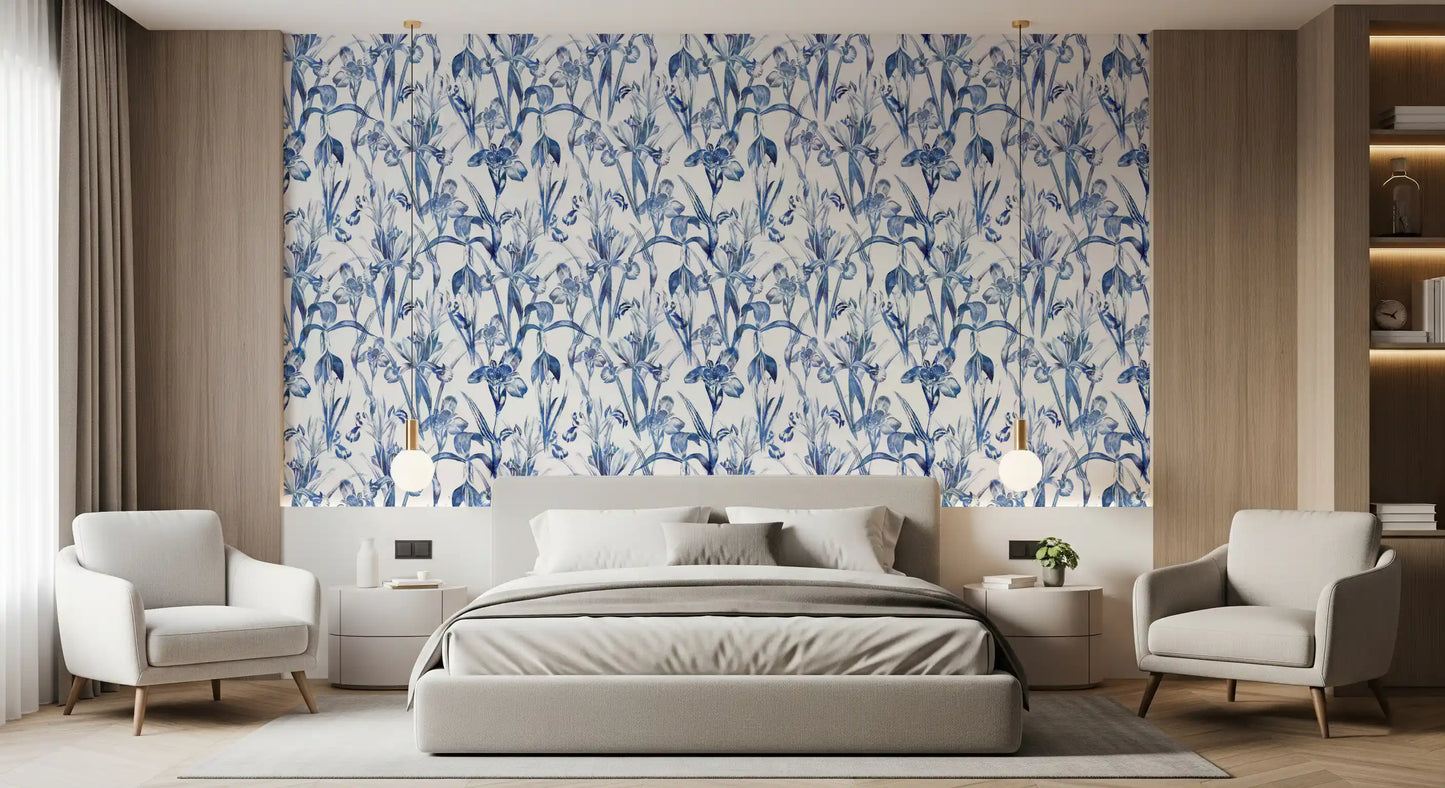 Indigoblaue botanische Skizzen-Tapete