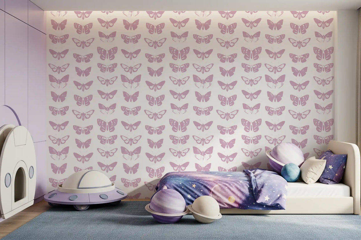 Pink moth wallpaper behind a rocket toddler bed with galaxy print bedding GD12294