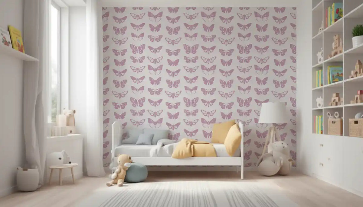 Pink moth wallpaper in a bright nursery with a white toddler bed and open shelving GD12294