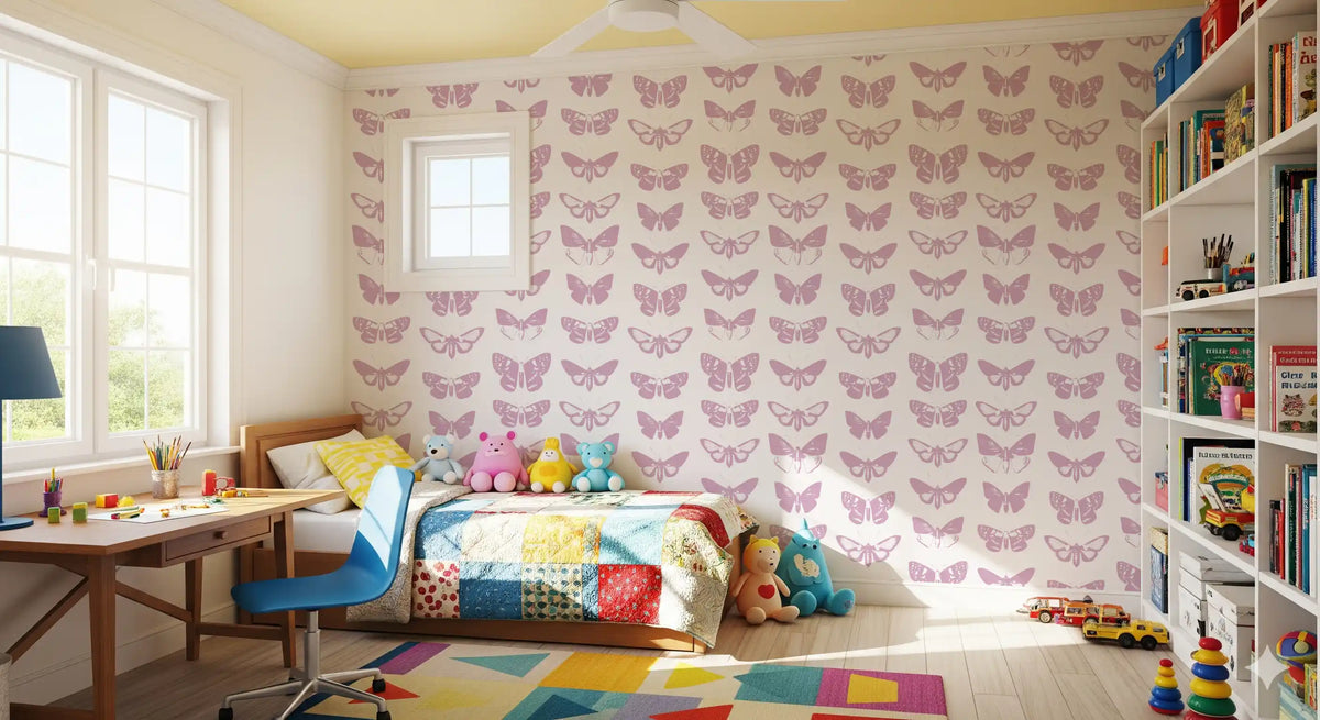 Pink moth wallpaper in a kids room with a patchwork bed, wood desk and bookshelf GD12294