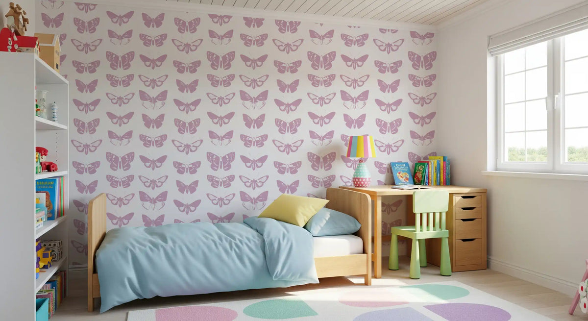 Pink butterfly wallpaper in a kids room with a blue duvet bed and green study chair GD12294