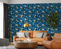 Papier peint botanique à fleurs indigo profond