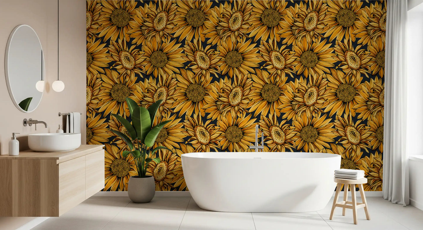 Tapete mit botanischer Illustration einer goldenen Sonnenblume
