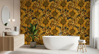 Tapete mit botanischer Illustration einer goldenen Sonnenblume
