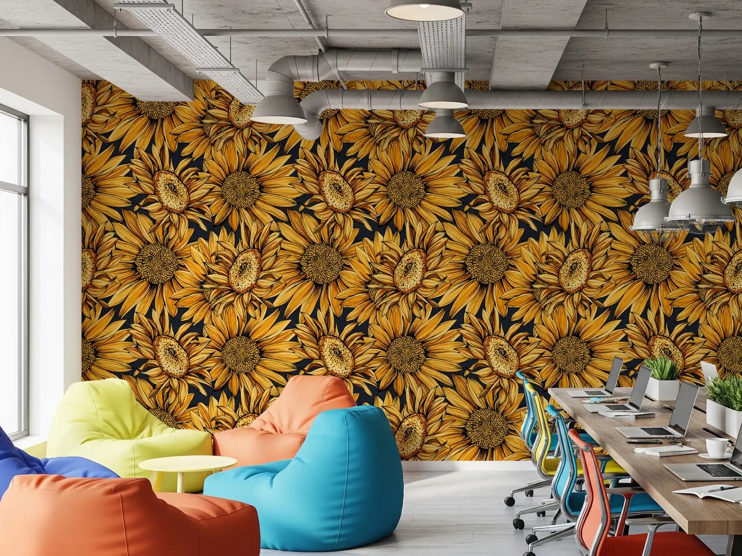 Tapete mit botanischer Illustration einer goldenen Sonnenblume