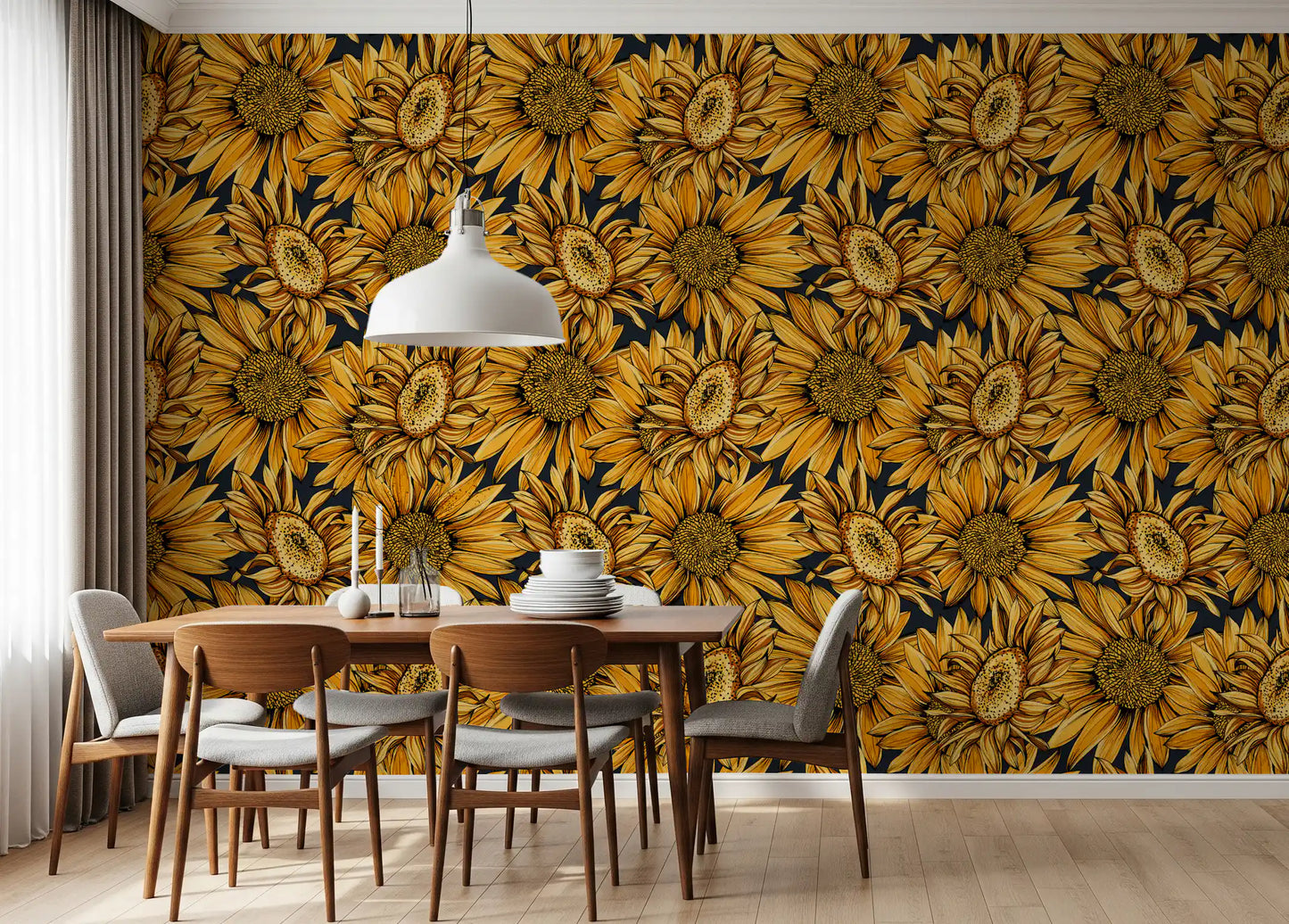 Tapete mit botanischer Illustration einer goldenen Sonnenblume