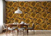 Tapete mit botanischer Illustration einer goldenen Sonnenblume