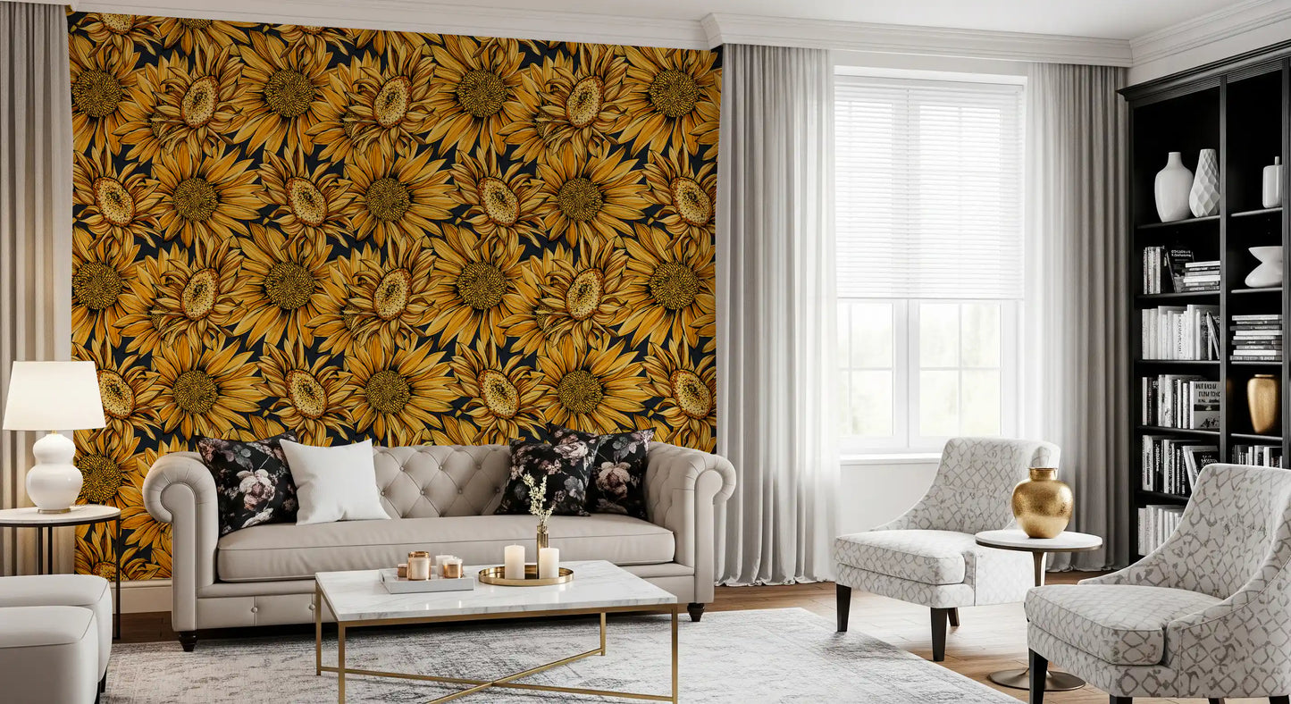 Tapete mit botanischer Illustration einer goldenen Sonnenblume