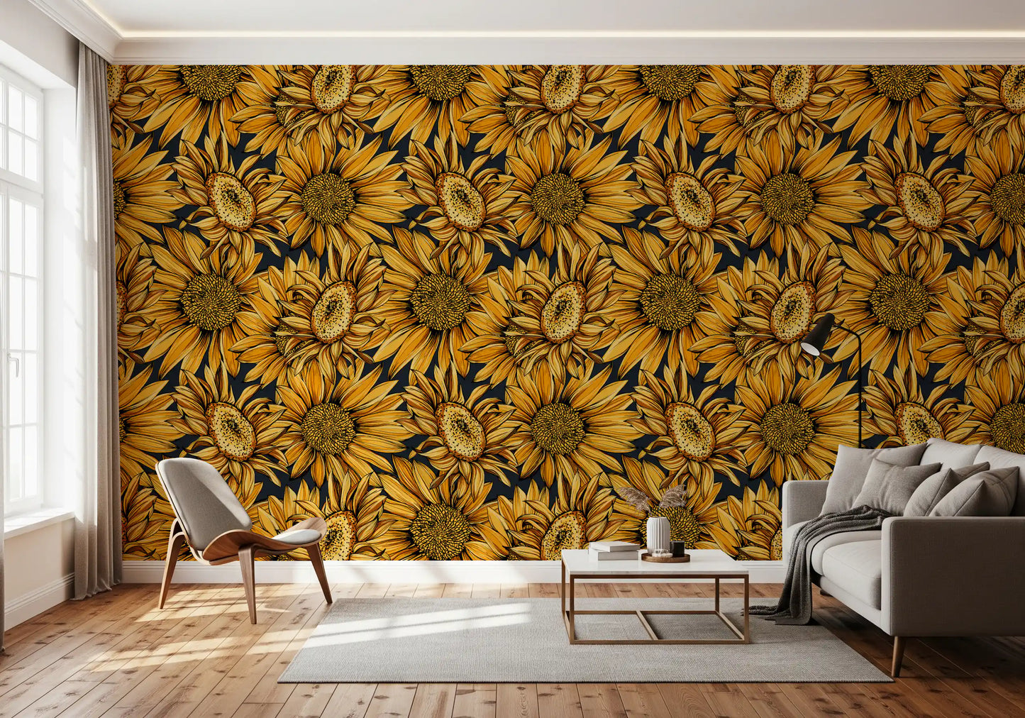 Tapete mit botanischer Illustration einer goldenen Sonnenblume