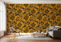Tapete mit botanischer Illustration einer goldenen Sonnenblume