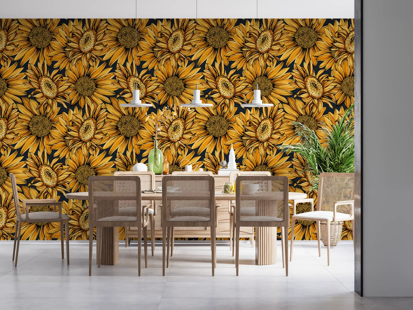 Tapete mit botanischer Illustration einer goldenen Sonnenblume