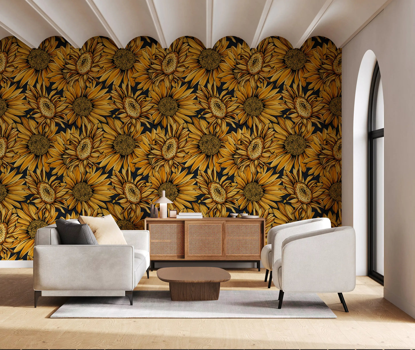 Tapete mit botanischer Illustration einer goldenen Sonnenblume