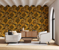 Tapete mit botanischer Illustration einer goldenen Sonnenblume