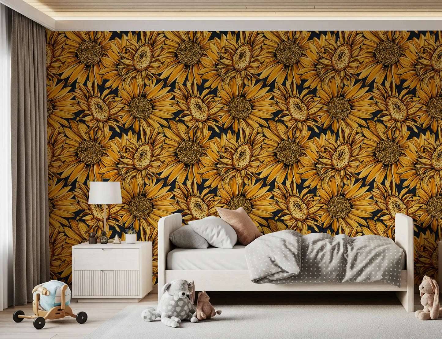 Tapete mit botanischer Illustration einer goldenen Sonnenblume