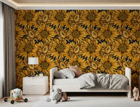 Tapete mit botanischer Illustration einer goldenen Sonnenblume