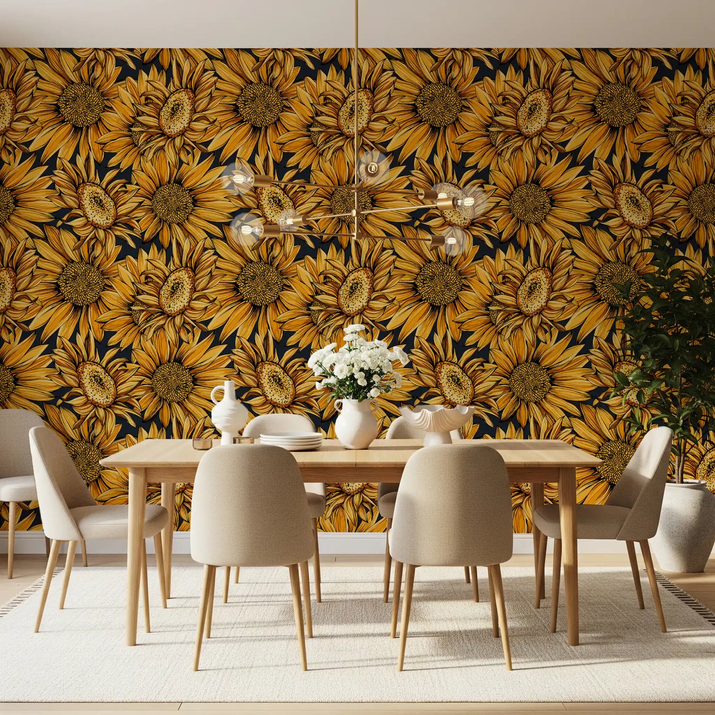 Tapete mit botanischer Illustration einer goldenen Sonnenblume