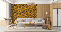 Tapete mit botanischer Illustration einer goldenen Sonnenblume