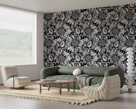 Black and white sunflower wallpaper behind a green sofa and cream lounge chair GD12300