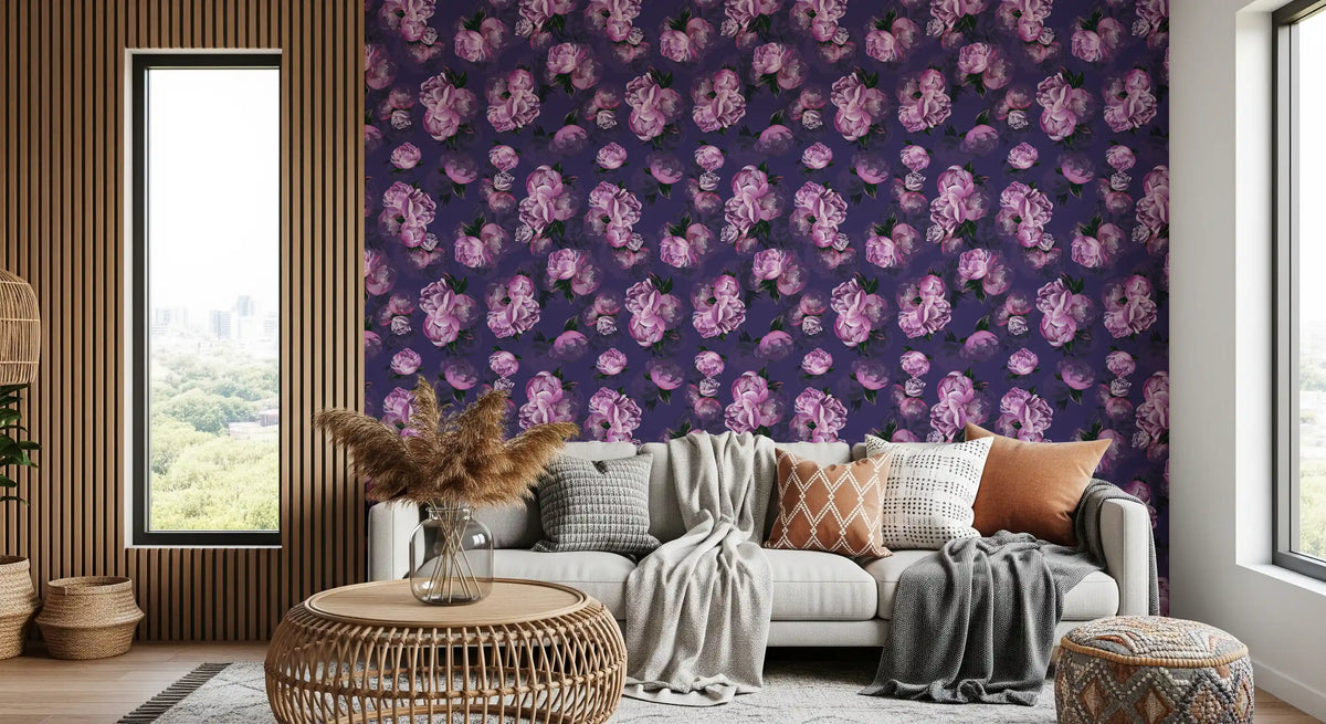 Velvet peony bloom wallpaper in a living room with grey sofa and rattan side table GD12302
