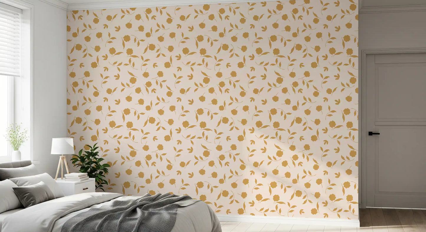 Papier peint minimaliste à brins floraux dorés