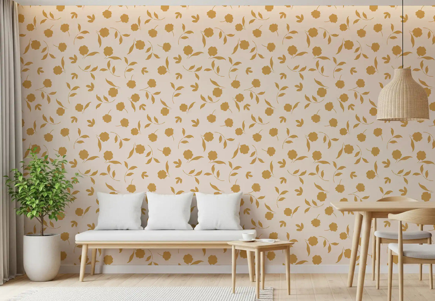 Papier peint minimaliste à brins floraux dorés
