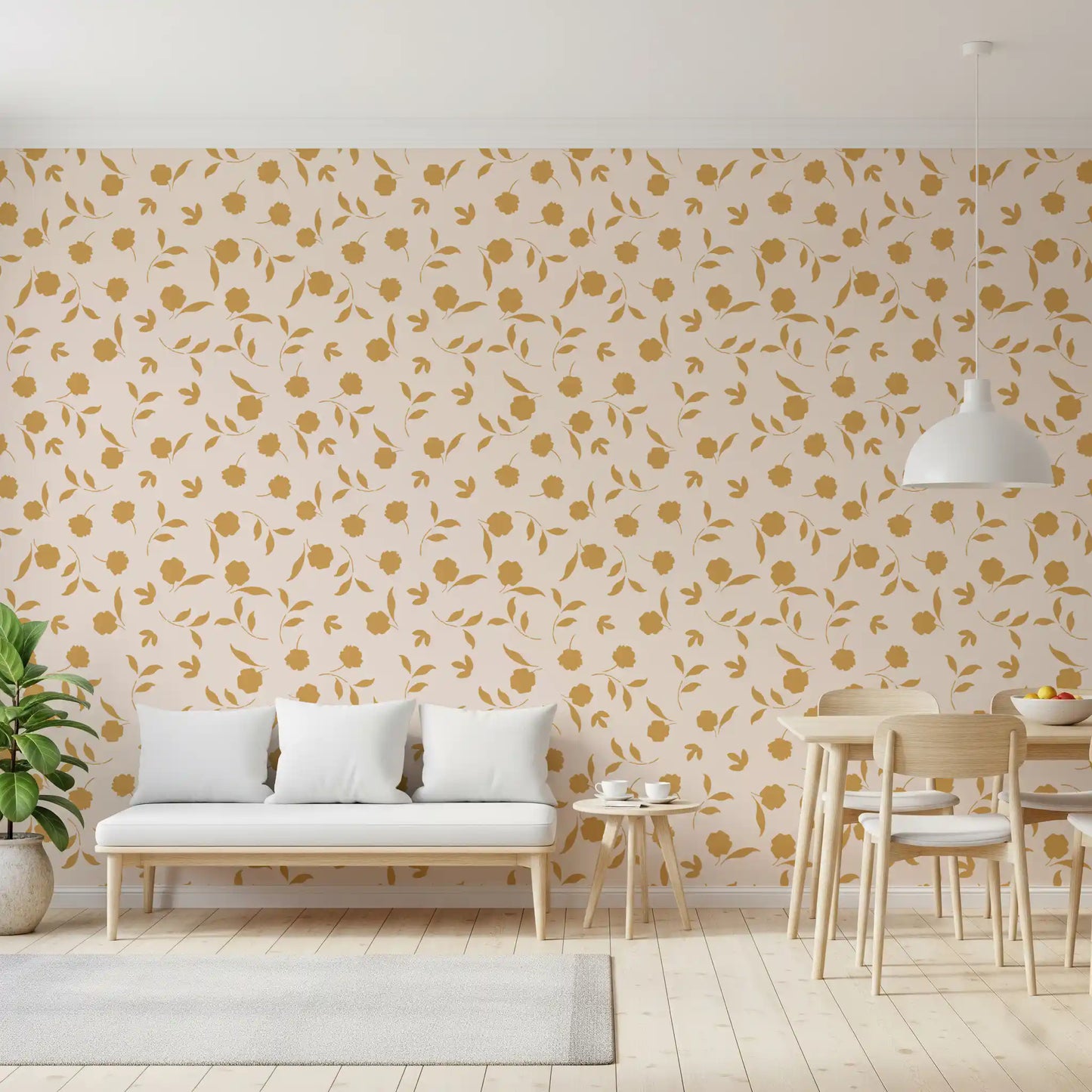 Papier peint minimaliste à brins floraux dorés