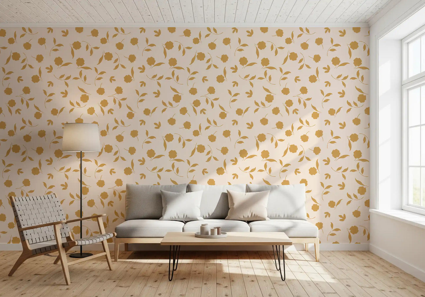 Papier peint minimaliste à brins floraux dorés