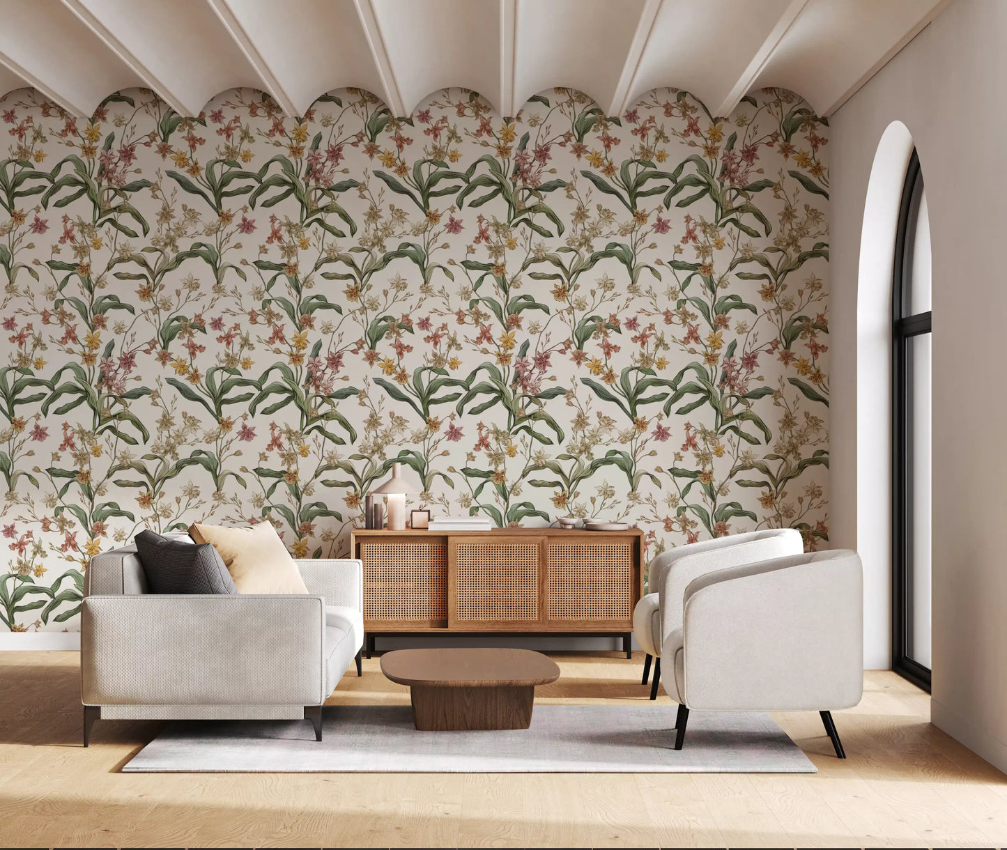 Papier peint vintage avec sentier d’orchidées botaniques