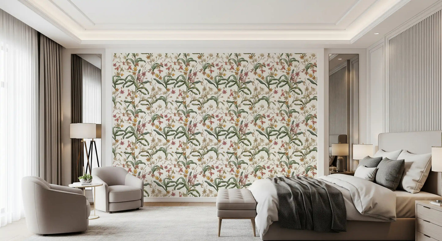 Papier peint vintage avec sentier d’orchidées botaniques