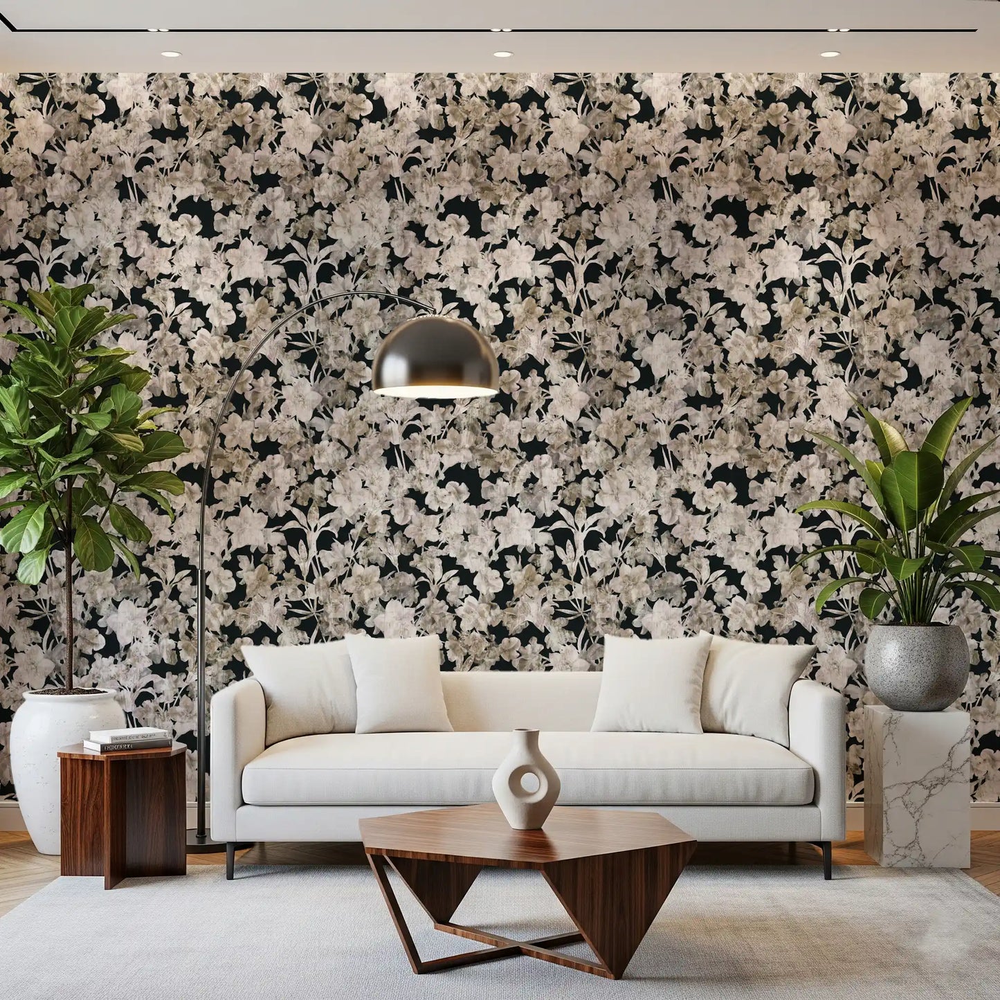 Rustikt tapet med kunstneriske silhuetter af blomster