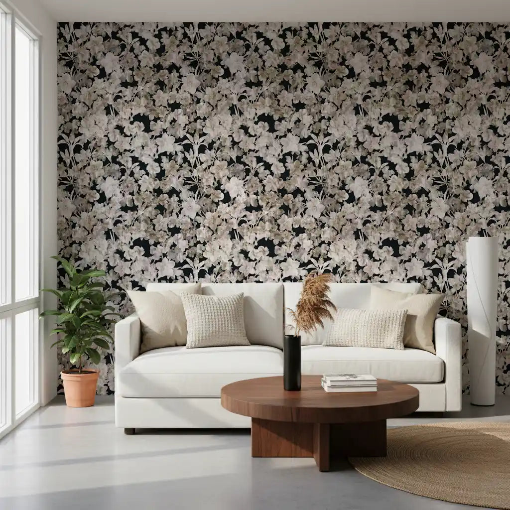 Rustikt tapet med kunstneriske silhuetter af blomster