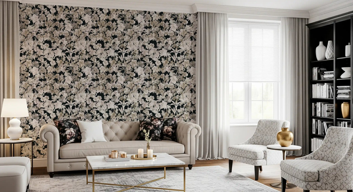 Rustikt tapet med kunstneriske silhuetter af blomster