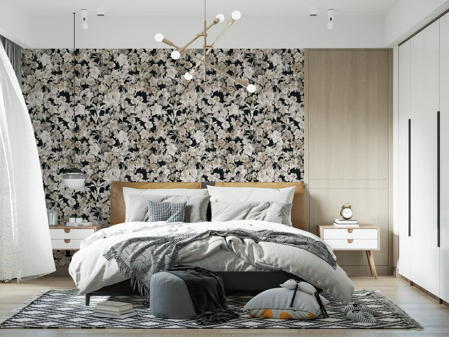 Rustikt tapet med kunstneriske silhuetter af blomster