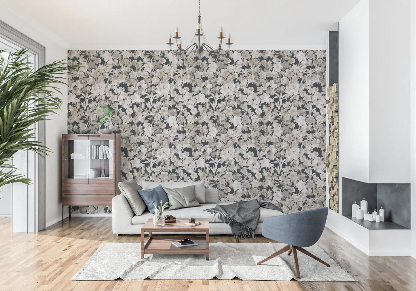 Rustikt tapet med kunstneriske silhuetter af blomster
