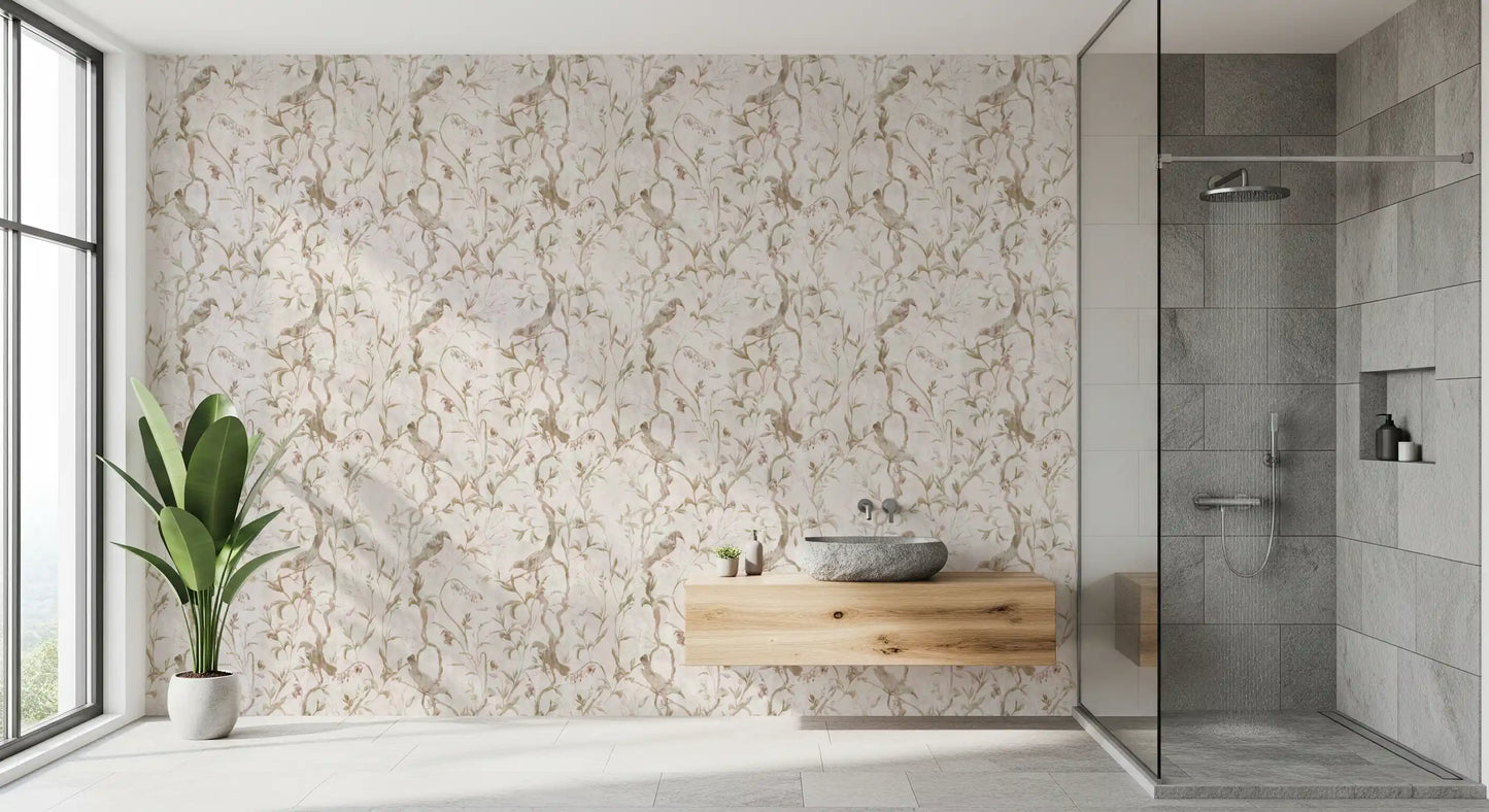 Papier peint illustré éthéré représentant des oiseaux et des lianes