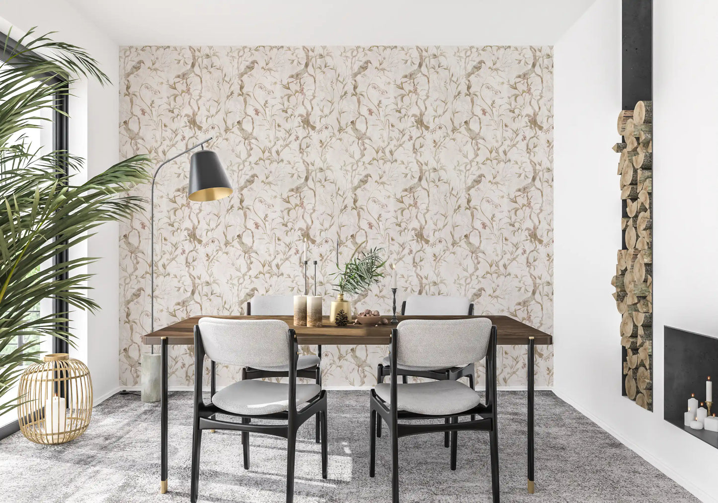 Papier peint illustré éthéré représentant des oiseaux et des lianes