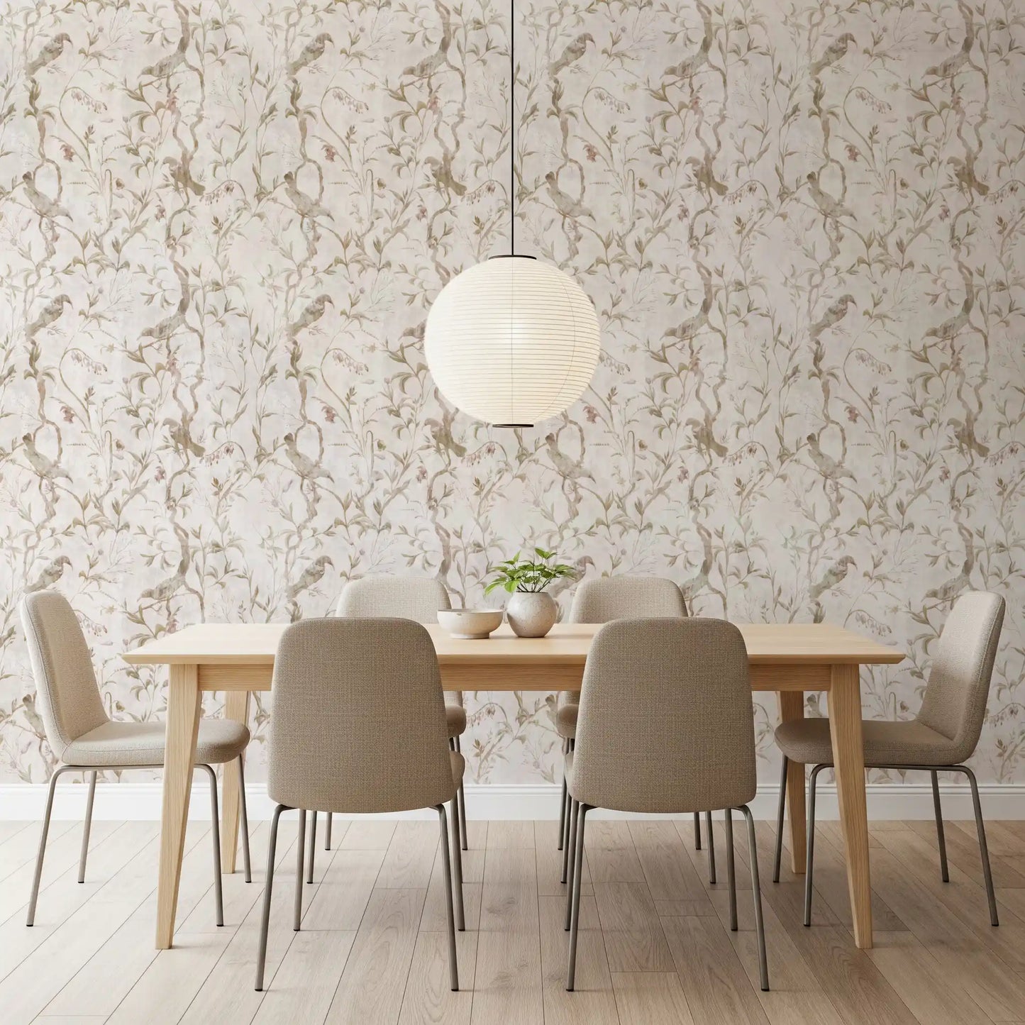Papier peint illustré éthéré représentant des oiseaux et des lianes