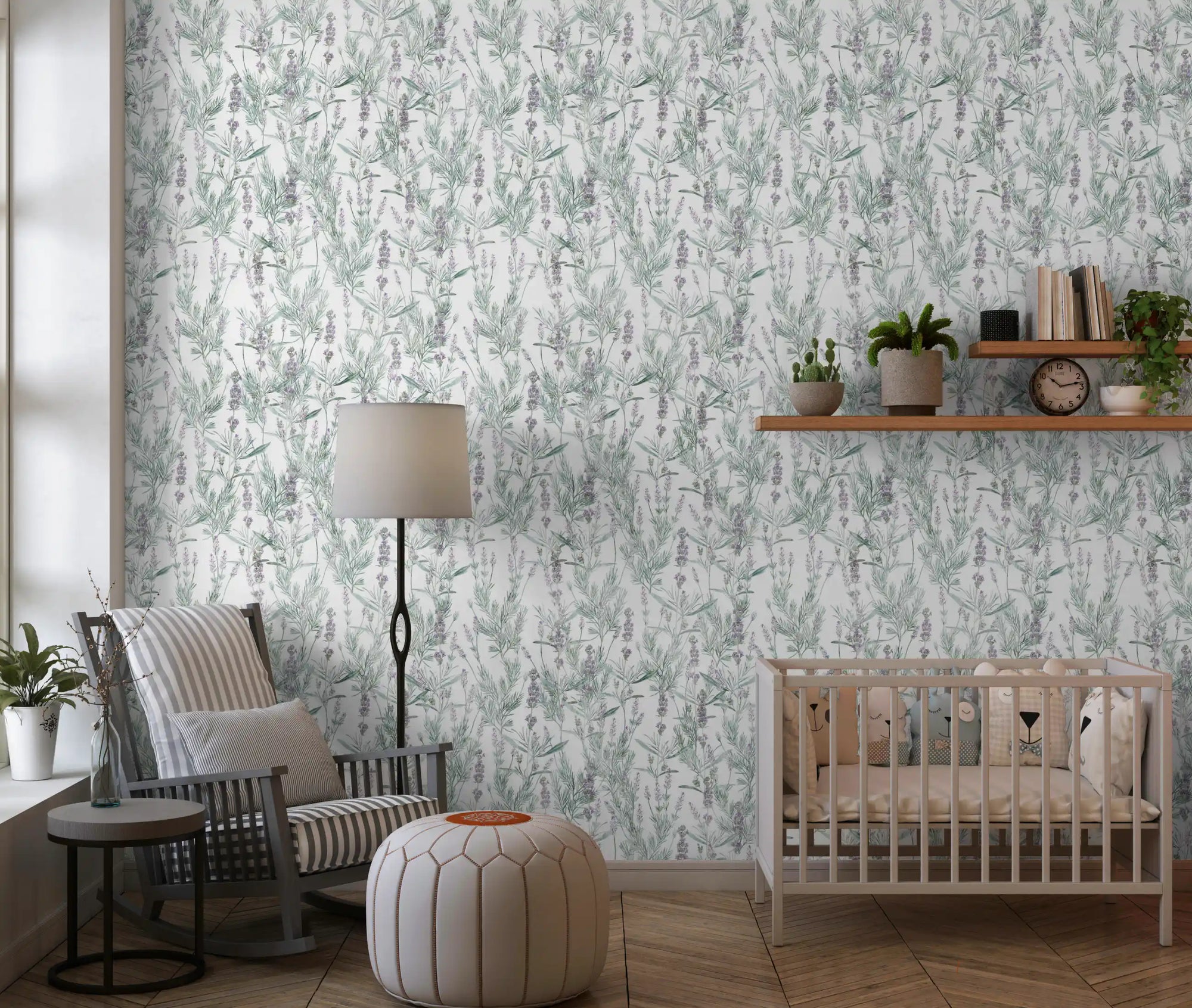 Lavender sprigs botanical wallpaper in a nursery with a wooden crib and striped reading chair GD12316